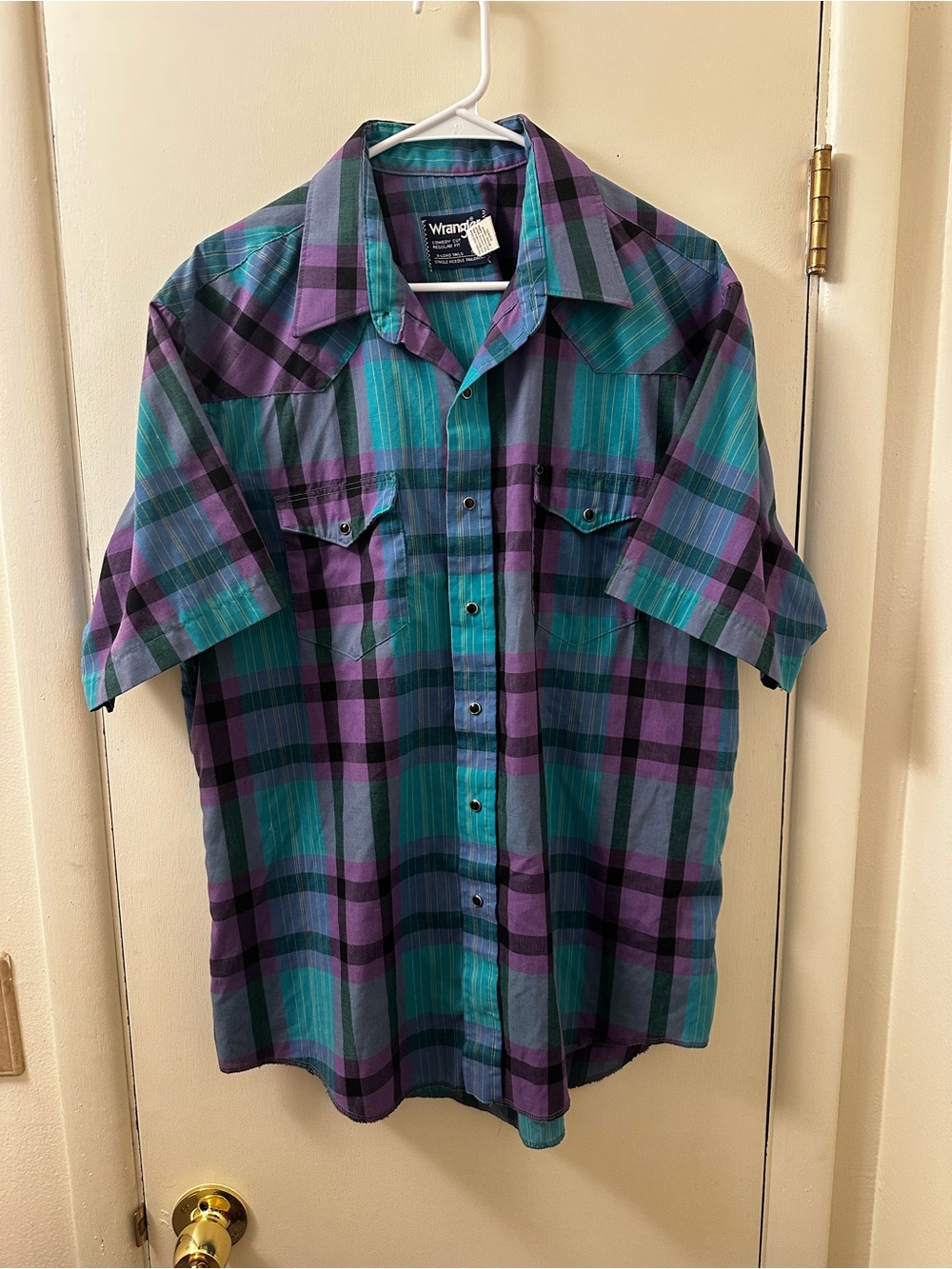 Vintage Wrangler Teal and Purple Plaid Short-Sleeve Western Shirt